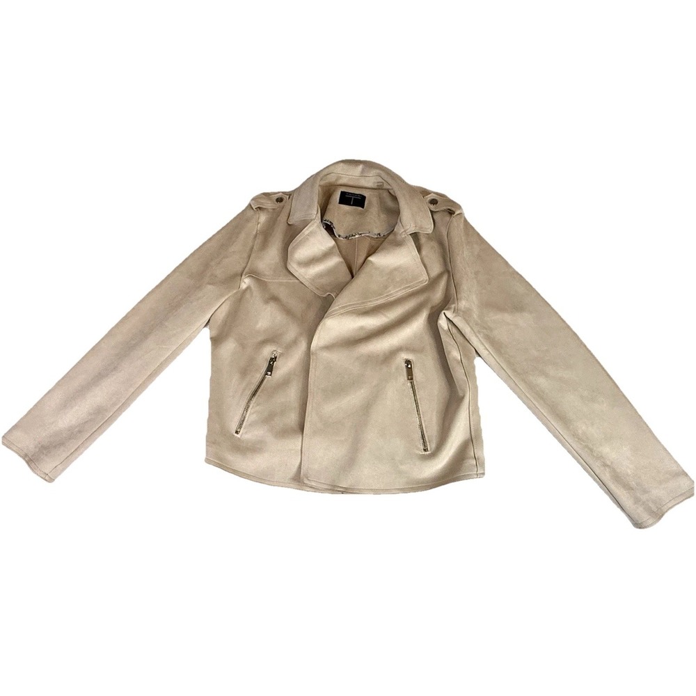 Tahari Faux Suede Moto Jacket Women's Large‎ Beige Career Core Soft Stretch